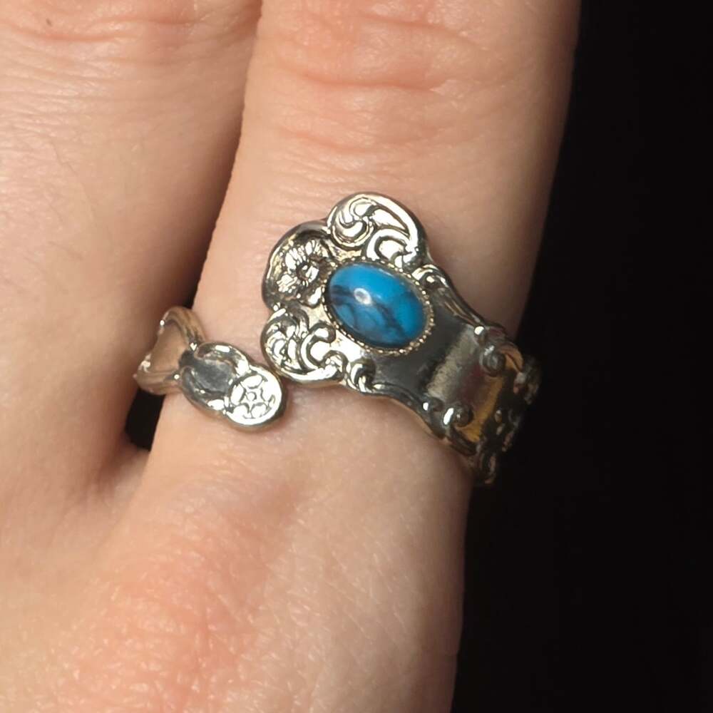 Silver Tone Faux Turquoise Blue Floral Spoon Style Wrap Ring Adjustable